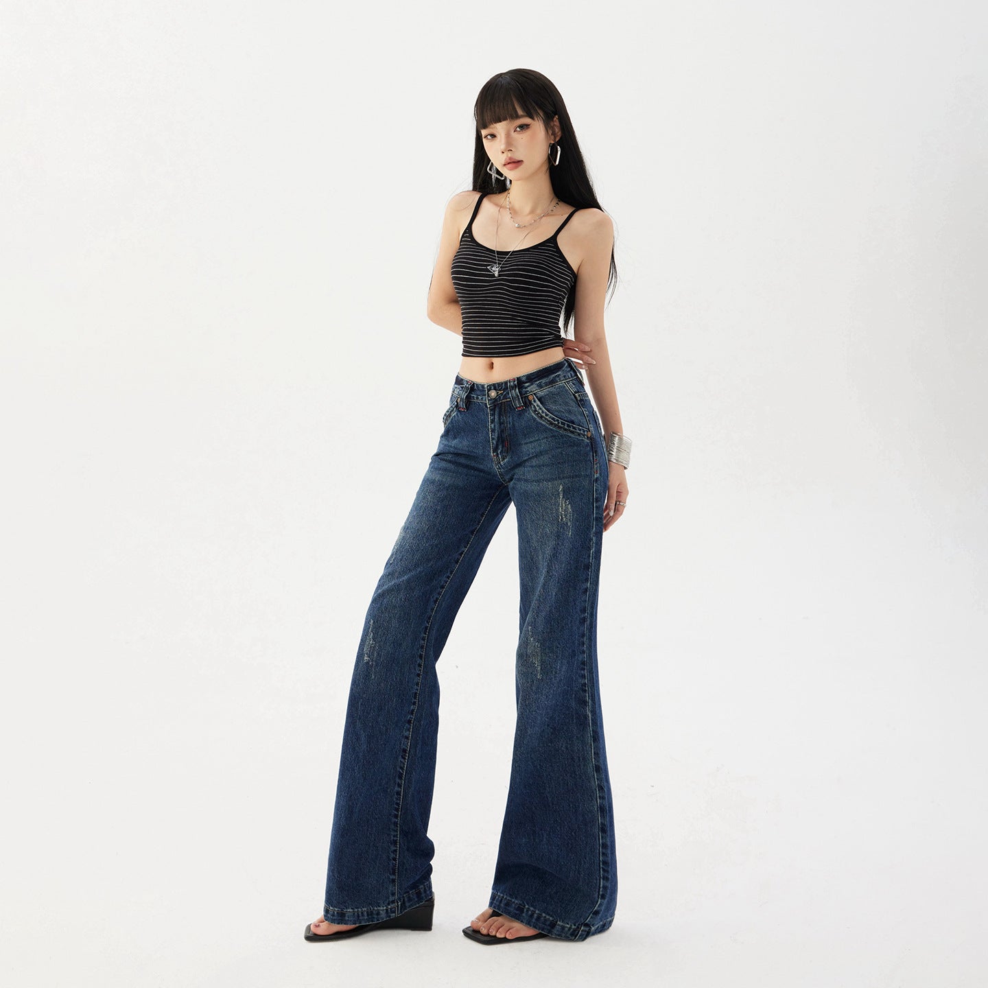 Women's Flared Jeans - Low Waist Slim Non-Clinging Trumpet Floor-Length Pants