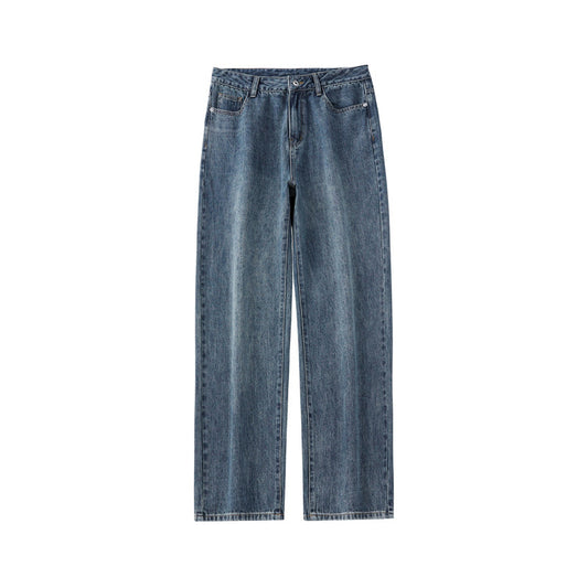 Street Style Washed Blue Wide-leg Straight Jeans for Men and Women