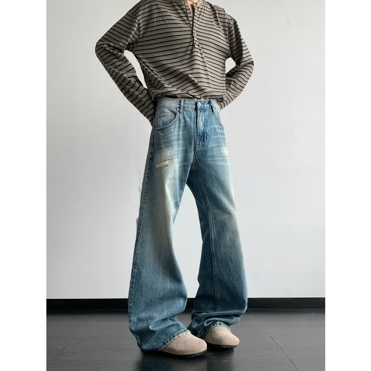 Light Blue Men's Cat Whisker Washed Wide Leg Casual Pants