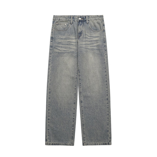 Distressed Cat-Whisker Relaxed Straight Leg Wide Leg Jeans Pants