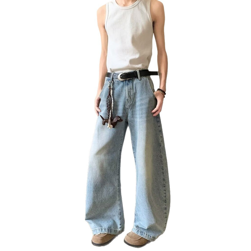 Washed Curved Knife Denim Loose Straight Leg Casual Pants