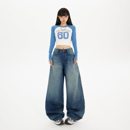 Women's Blue Knife-Leg Jeans - Gradient High-Waist Loose Wide-Leg Pants