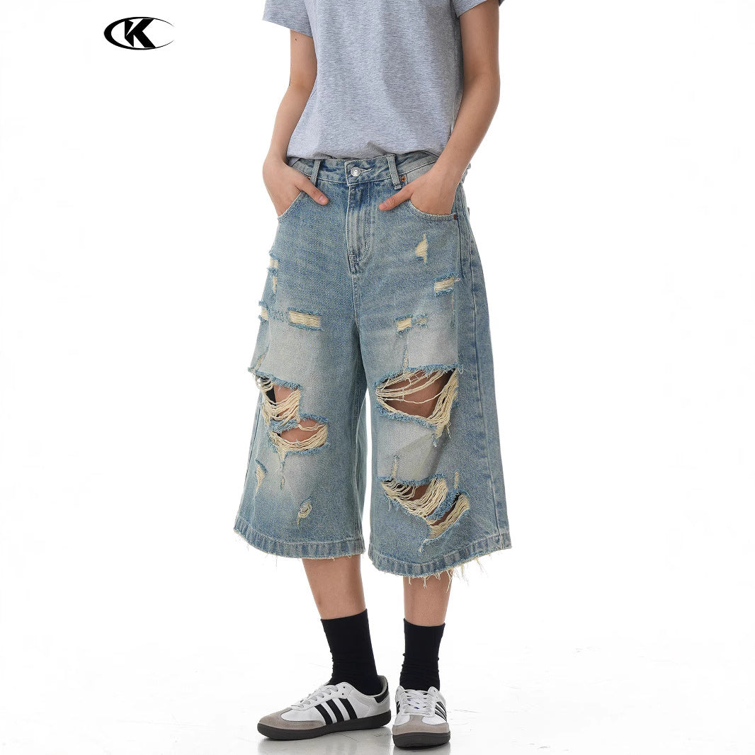 Design Seven-Quarter Denim Pants - Washed Loose Straight Trendy Shorts