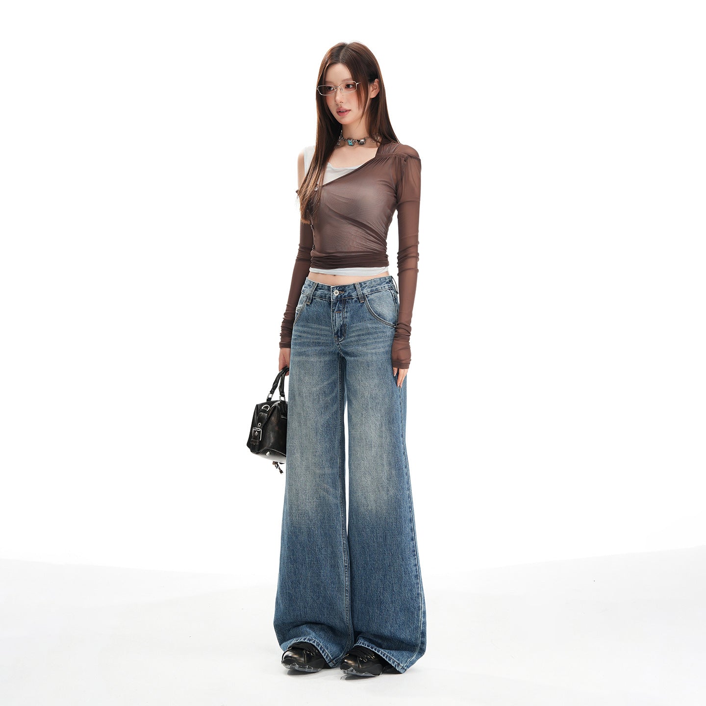 Women's Washed Low Waist Wide Leg Jeans - Loose Slim Floor-Length Pants