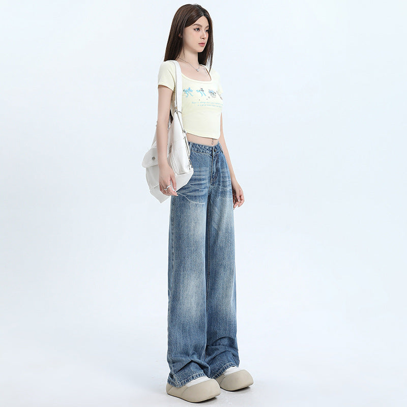 Women's Low Waist Flared Jeans with Cracked Design Long Pants