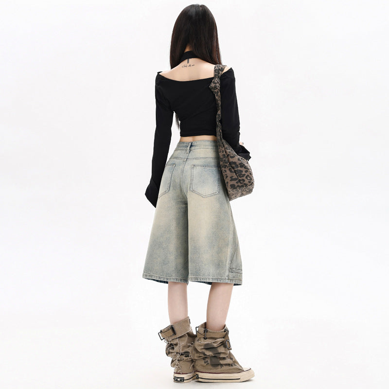 Retro Street Style Denim Capri Pants for Women - Loose High Waist Straight Leg Trousers