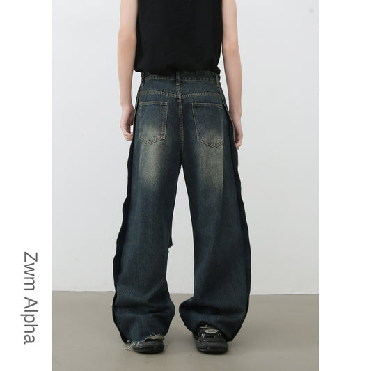 Denim Frayed Hem Washed Wide-Leg Jeans for Men
