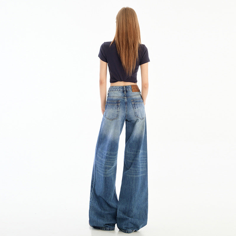 Retro Distressed Floor-Length Wide-Leg Jeans for Women