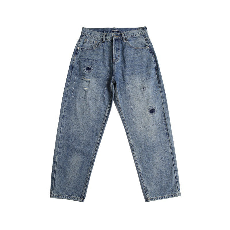 Premium Japanese Retro Light Denim Wear-Resistant Jeans with Red Handmade Patches