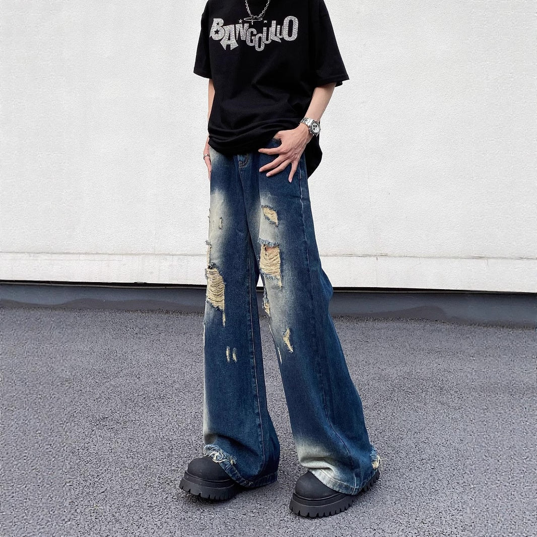 Ripped Blue Denim Loose Straight Casual Pants