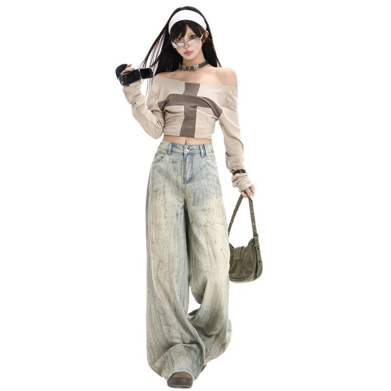 Spicy Girl Splatter Paint Graffiti Denim Pants for Women - Loose Slim High Waist Distressed Wide Leg Trousers