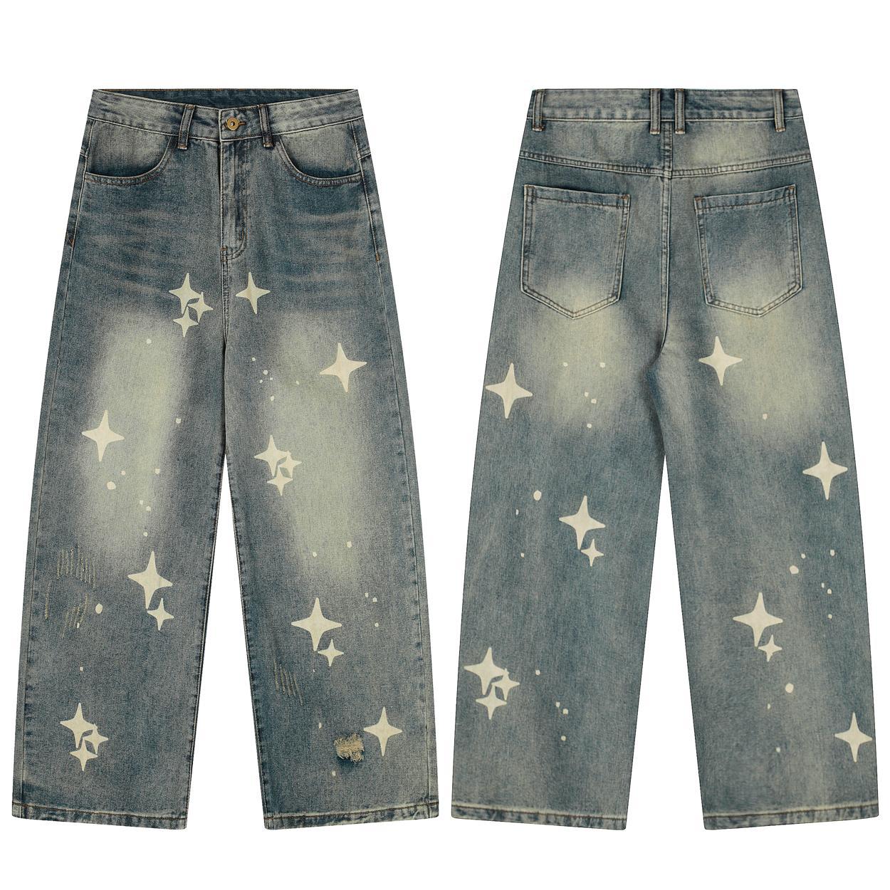 Retro Hip-Hop Star Print Ripped Jeans