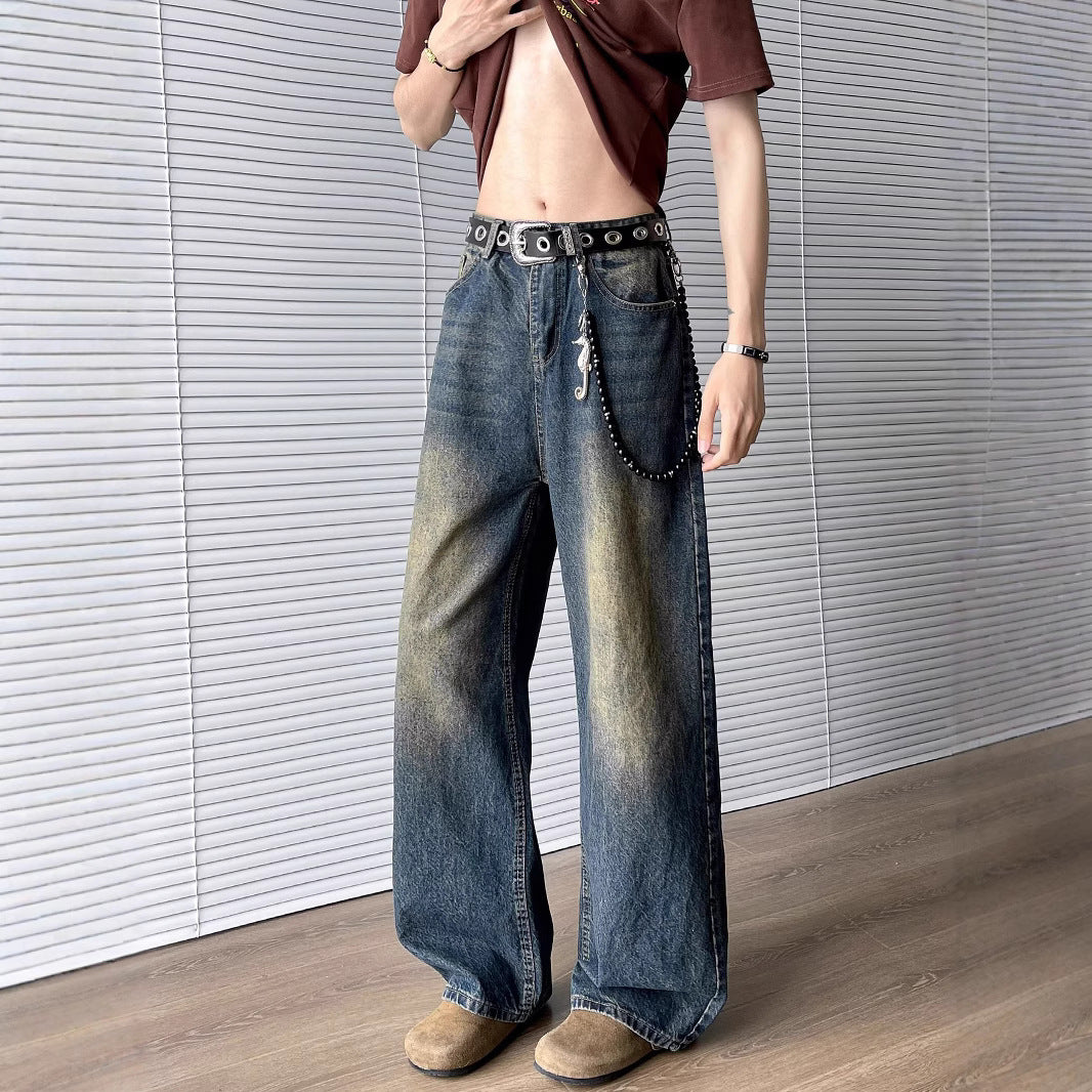 Washed Curved Knife Denim Straight Leg Slightly Flared Wide Leg Pants