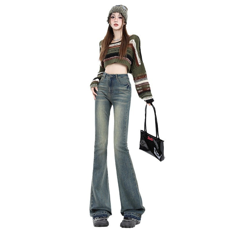 Women's Washed Flared Denim Pants with Vertical Feel Floor-Length Trousers