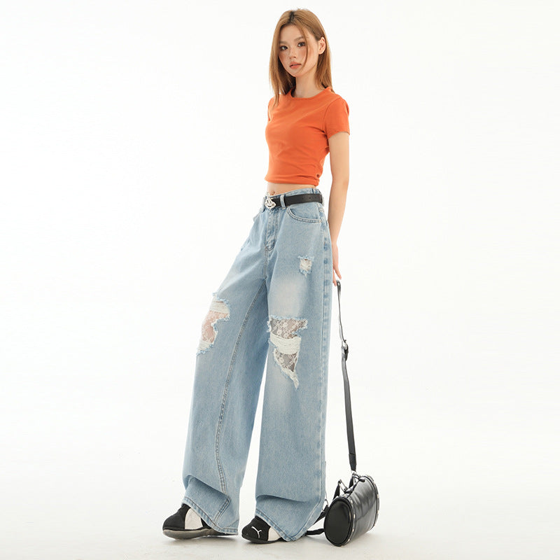 Light Wash Distressed Denim Pants for Women with Lace Splicing - Loose Fit Style, Straight Leg, Wide Leg Trousers