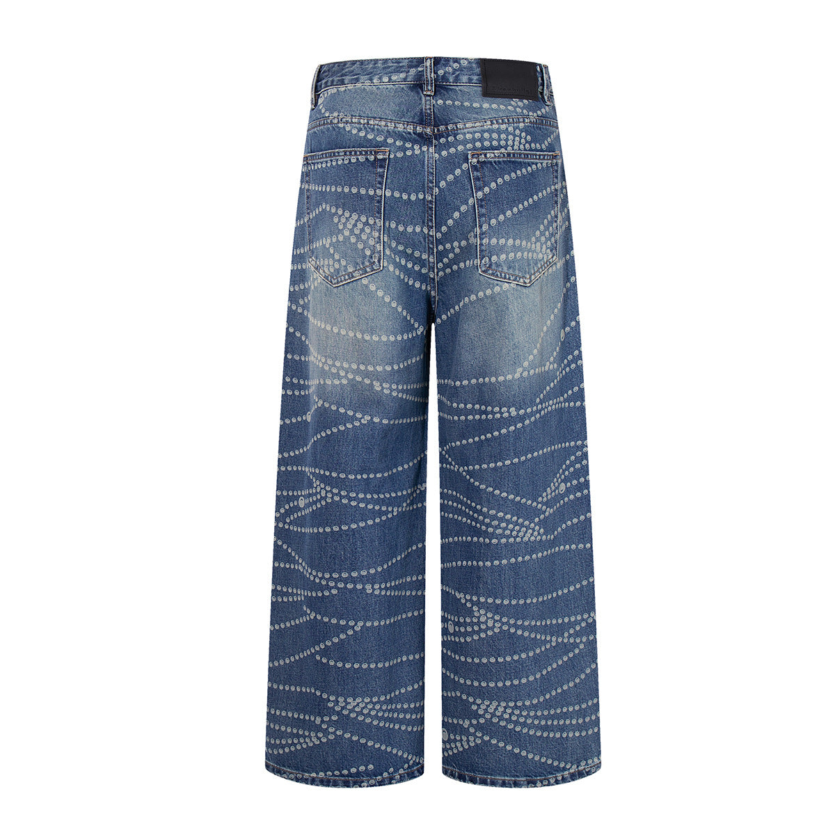 Printed Washed Denim Pants with Loose and Wide Legs