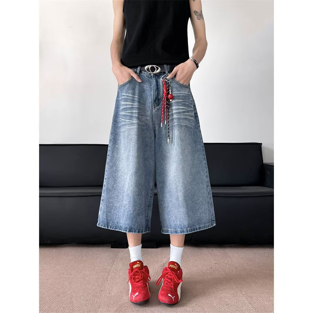 Grid Splicing Denim Seven Inch Loose Straight Tube Wide Leg Shorts