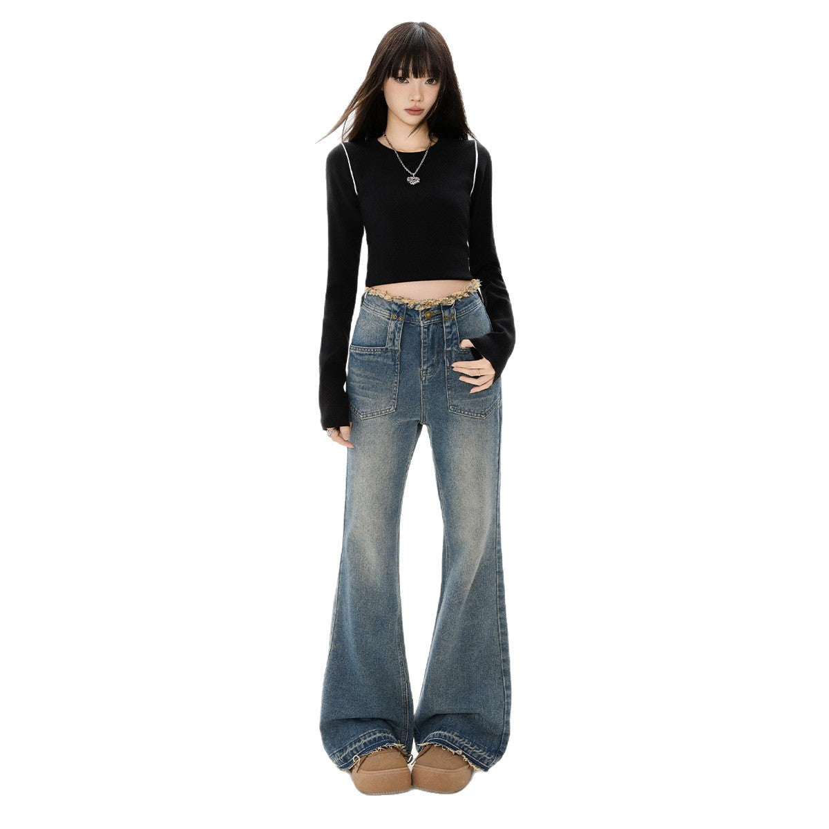 Retro Flared Denim Pants for Women - High Waist Slim Frayed Hem