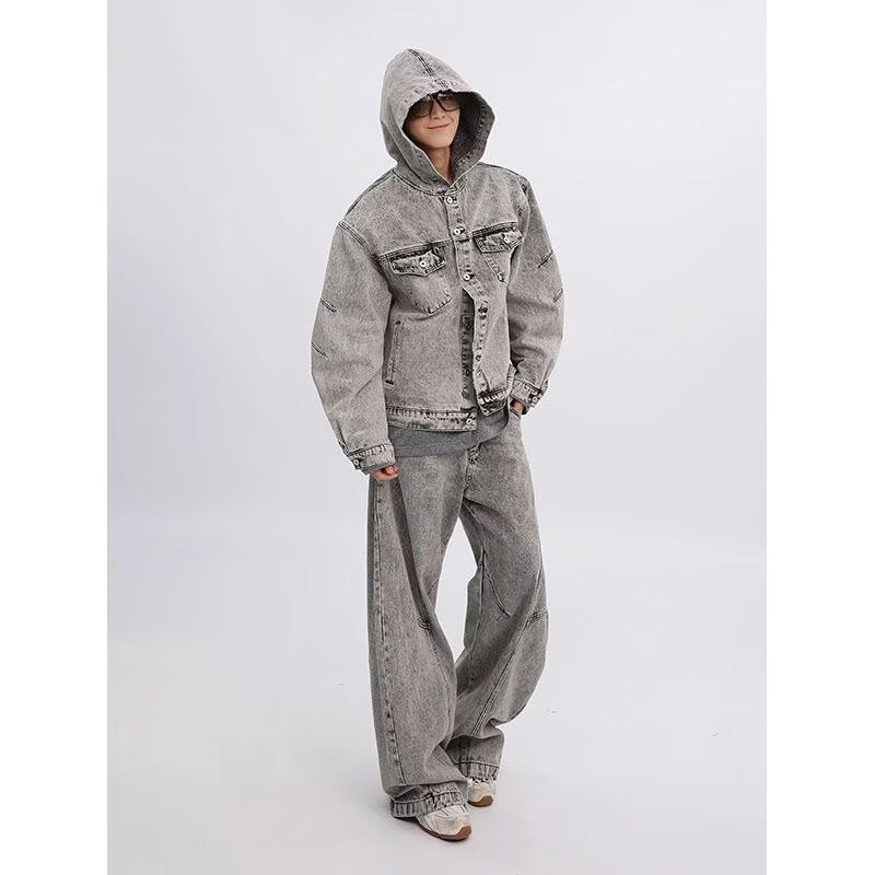 Retro Washed Distressed Deconstructed Hooded Denim Jacket for Teens