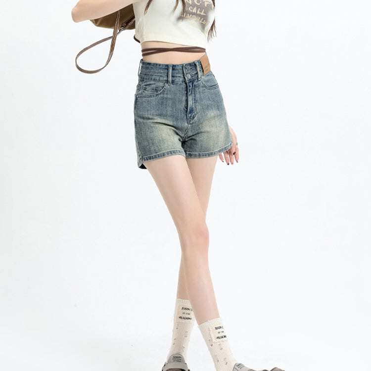 Retro High Waist Slimming A-Line Denim Shorts for Women