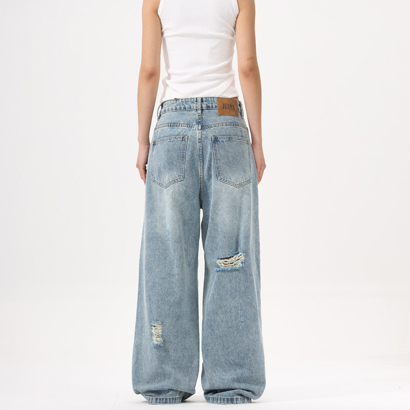 Women's Patchwork Distressed Denim Pants - Loose Straight Floor-Length Trousers