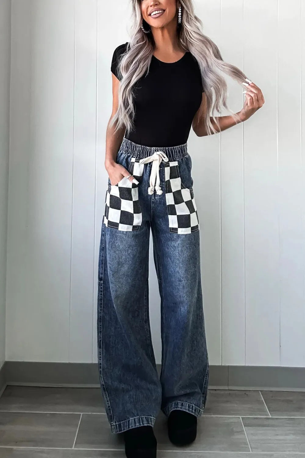 Premium Checkered Wide Leg Jeans - Japanese Denim
