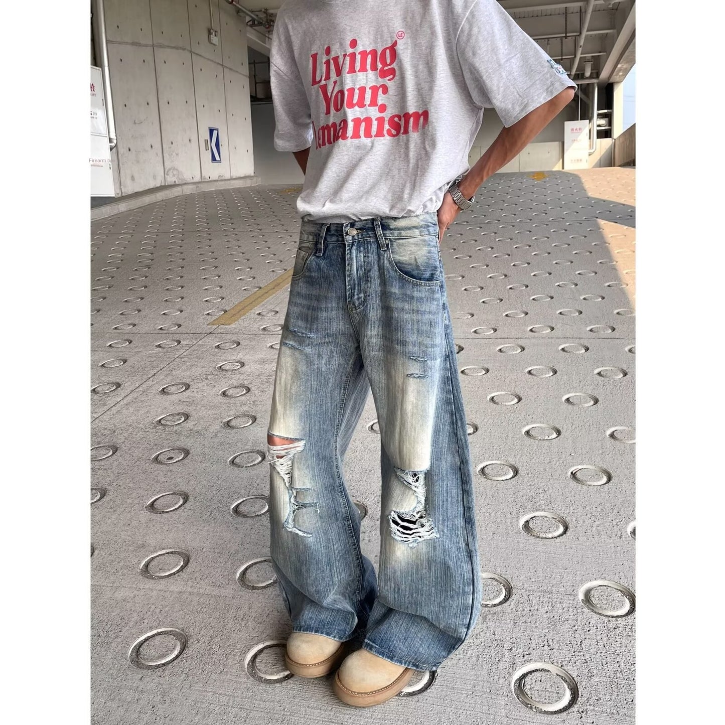 Broken Hole Distressed Denim Loose Fit Wide Leg Long Pants