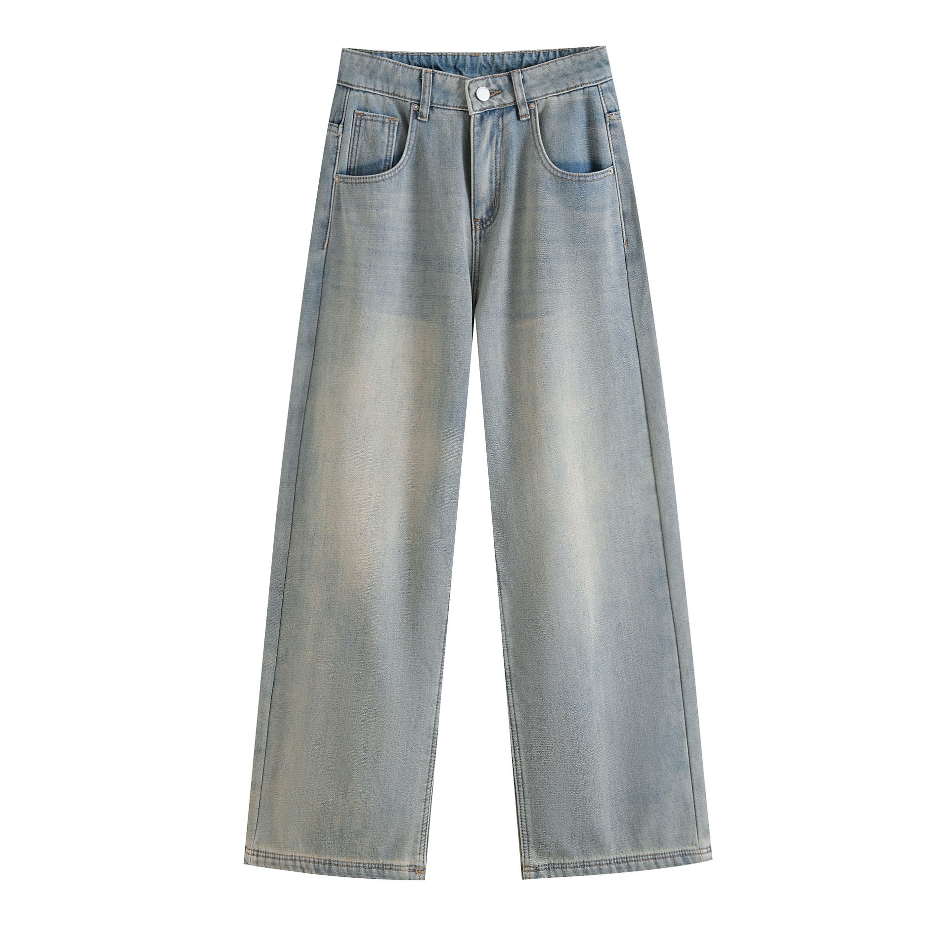 Vintage Washed Light Blue Plush Long Straight Leg Jeans