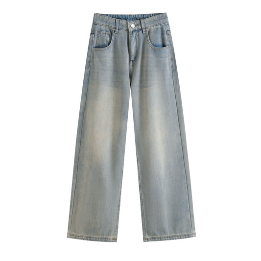 Vintage Washed Light Blue Plush Long Straight Leg Jeans