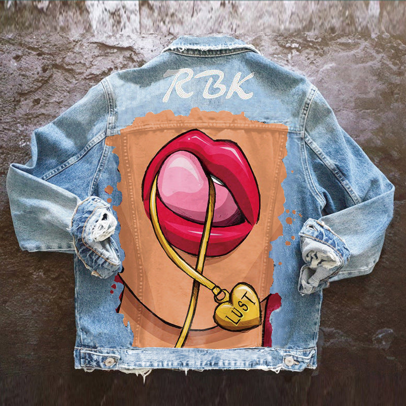 Women's Autumn Denim Jacket with Tongue Out Print