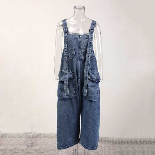 Stylish Women's Denim Overalls with Three-Dimensional Pockets