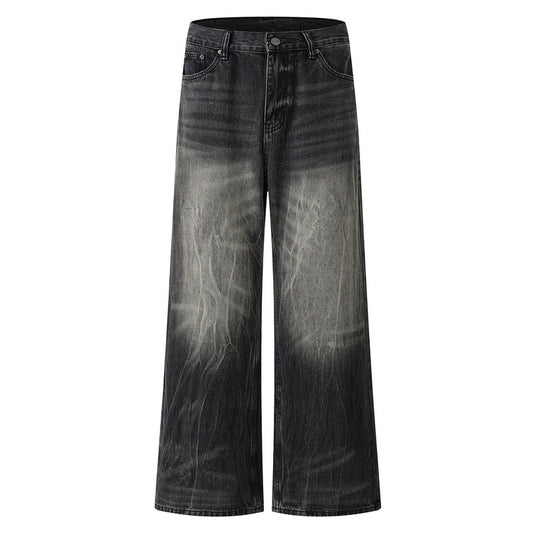 Washed Distressed Lightning Pattern Loose Vertical Flare Denim Pants Unisex
