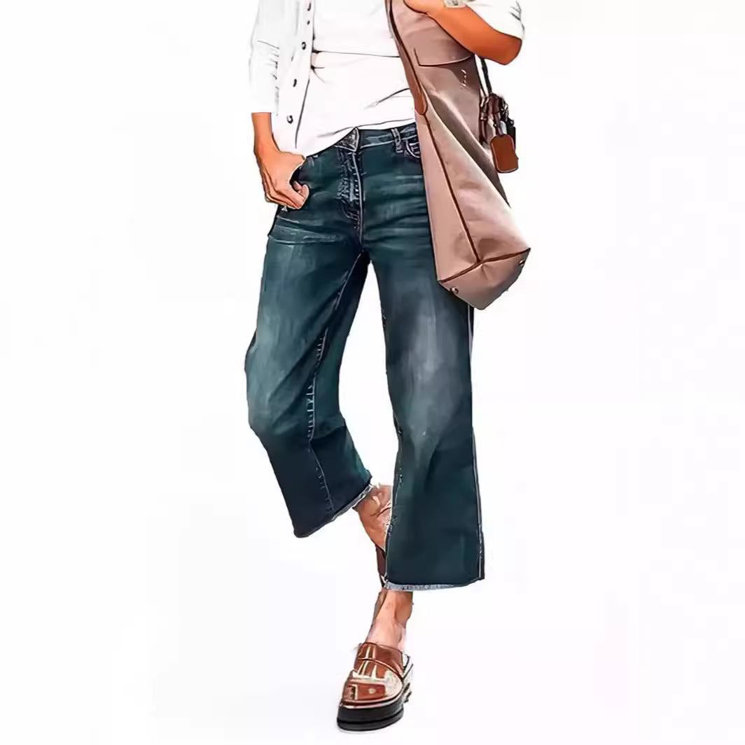 Women's Wide Leg Cropped Pants - Loose Fit Cat Whiskers Horse Chestnut Jeans