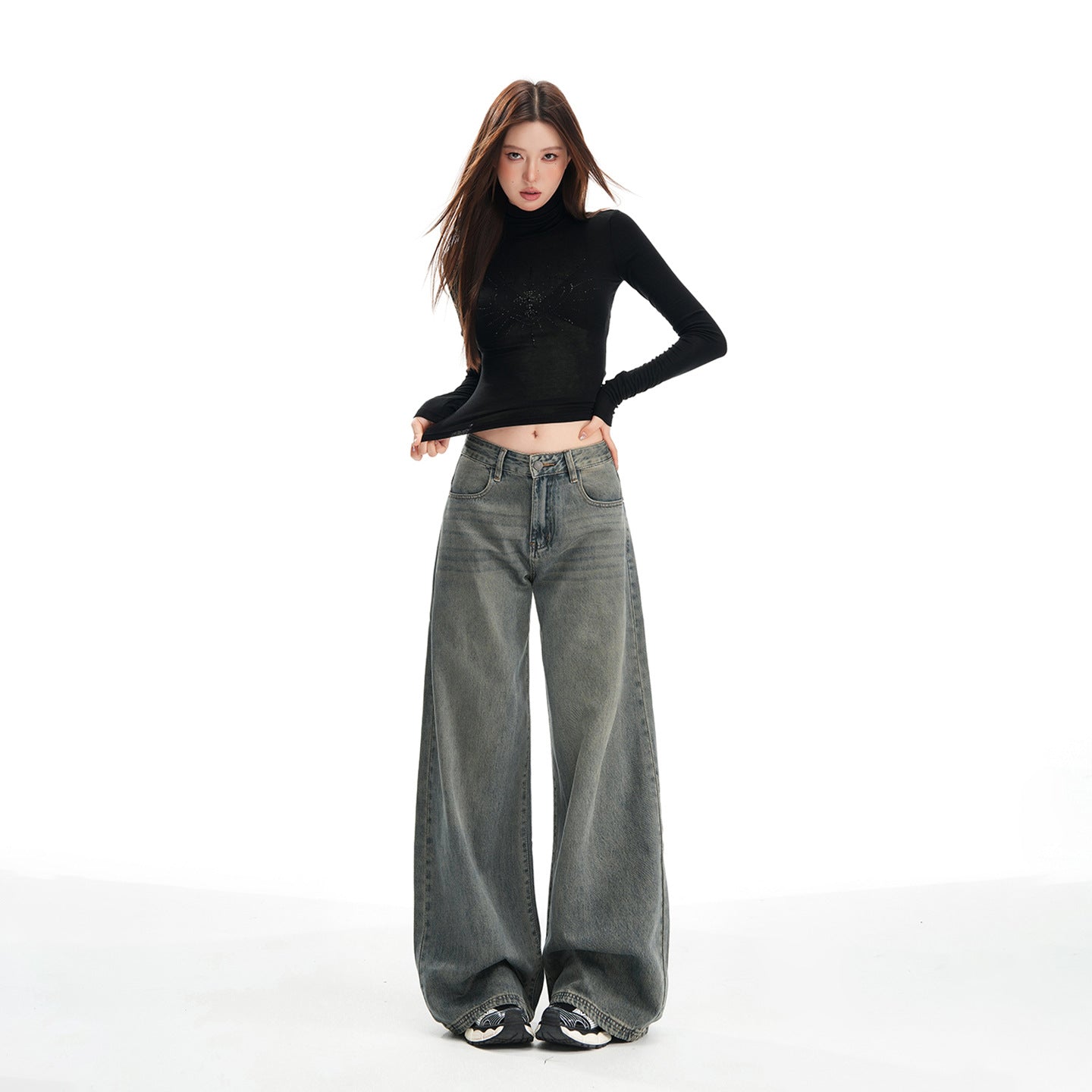 Women's Wide-Leg Pants - Loose Fit High-Waist Trousers with Vintage Wash