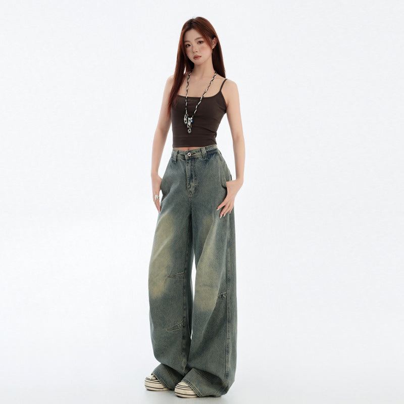 Blue Wide Leg Jeans with Deconstructed Design - Women's Straight Leg Denim Pants