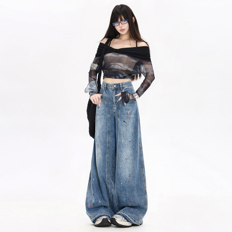 Women's Loose Fit Distressed Graffiti Wide-Leg Denim Pants
