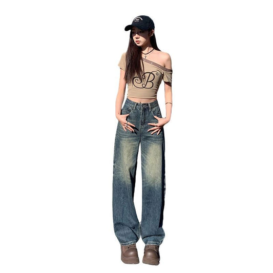 Vintage Wide-Leg Jeans for Women - High-Street Loose and Slim Straight Pants