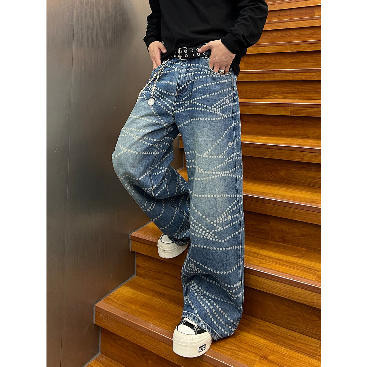 Printed Washed Denim Pants with Loose and Wide Legs