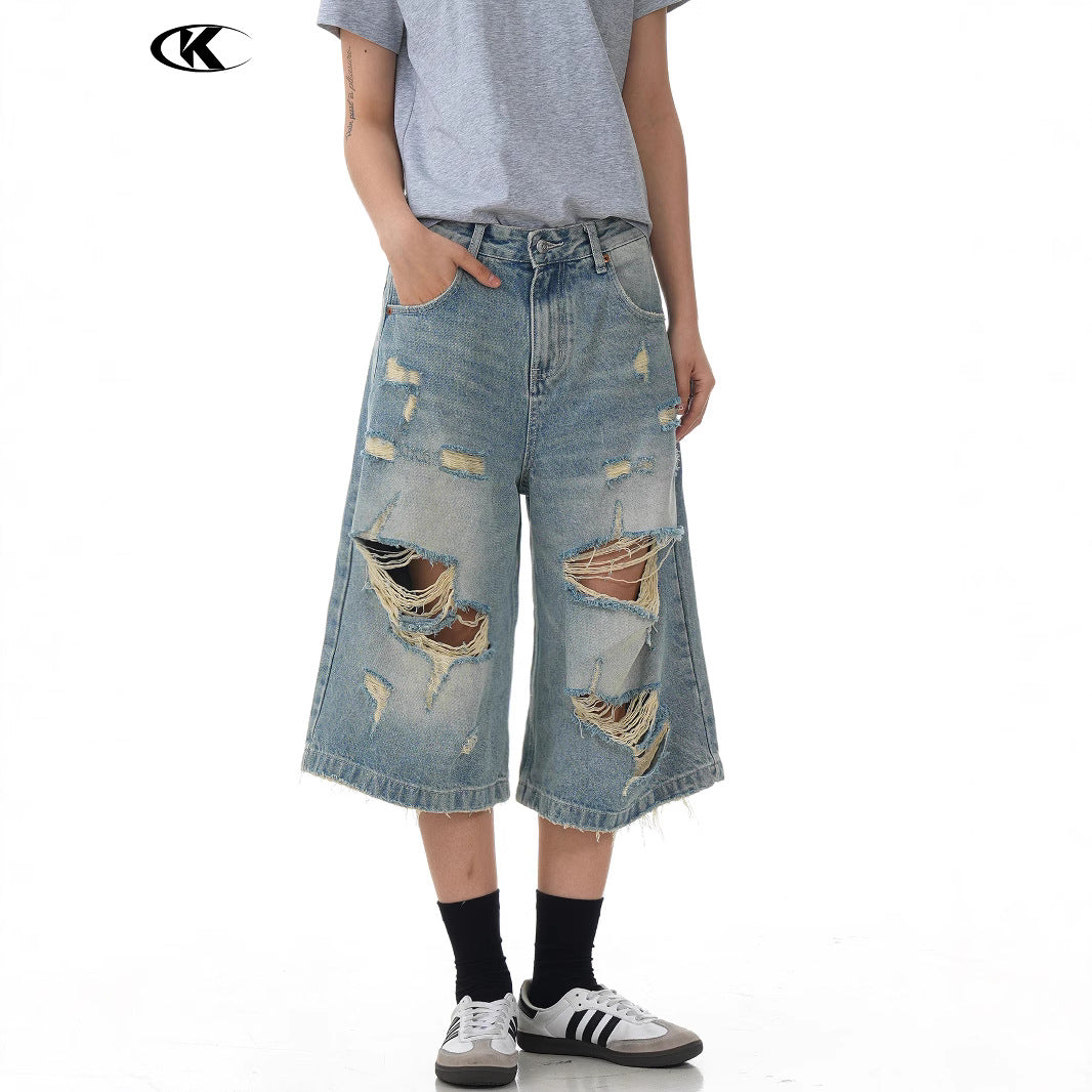 Design Seven-Quarter Denim Pants - Washed Loose Straight Trendy Shorts