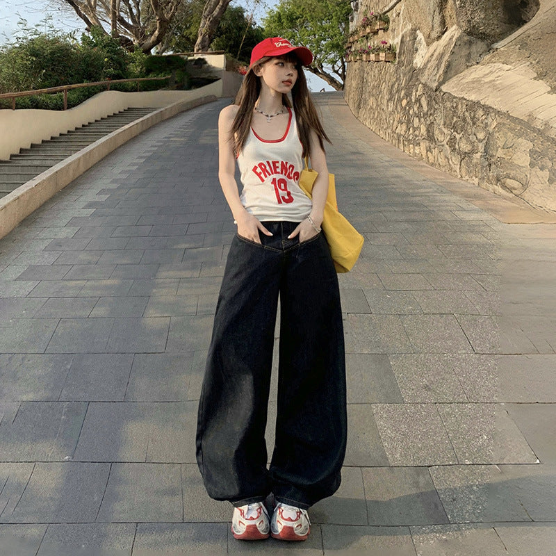 Loose Wide-Leg Jeans for Women - Casual Drop-Crotch Pants with Drapey Patchwork Design