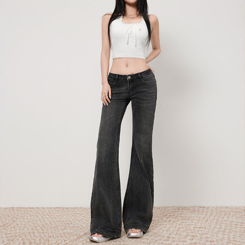 Women's Black and Gray Flared Jeans - Slimming Retro Low Waist Pants