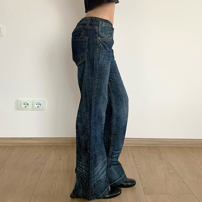 Vintage Pleated Washed Denim Jeans - Loose Fit & Low Waisted Design