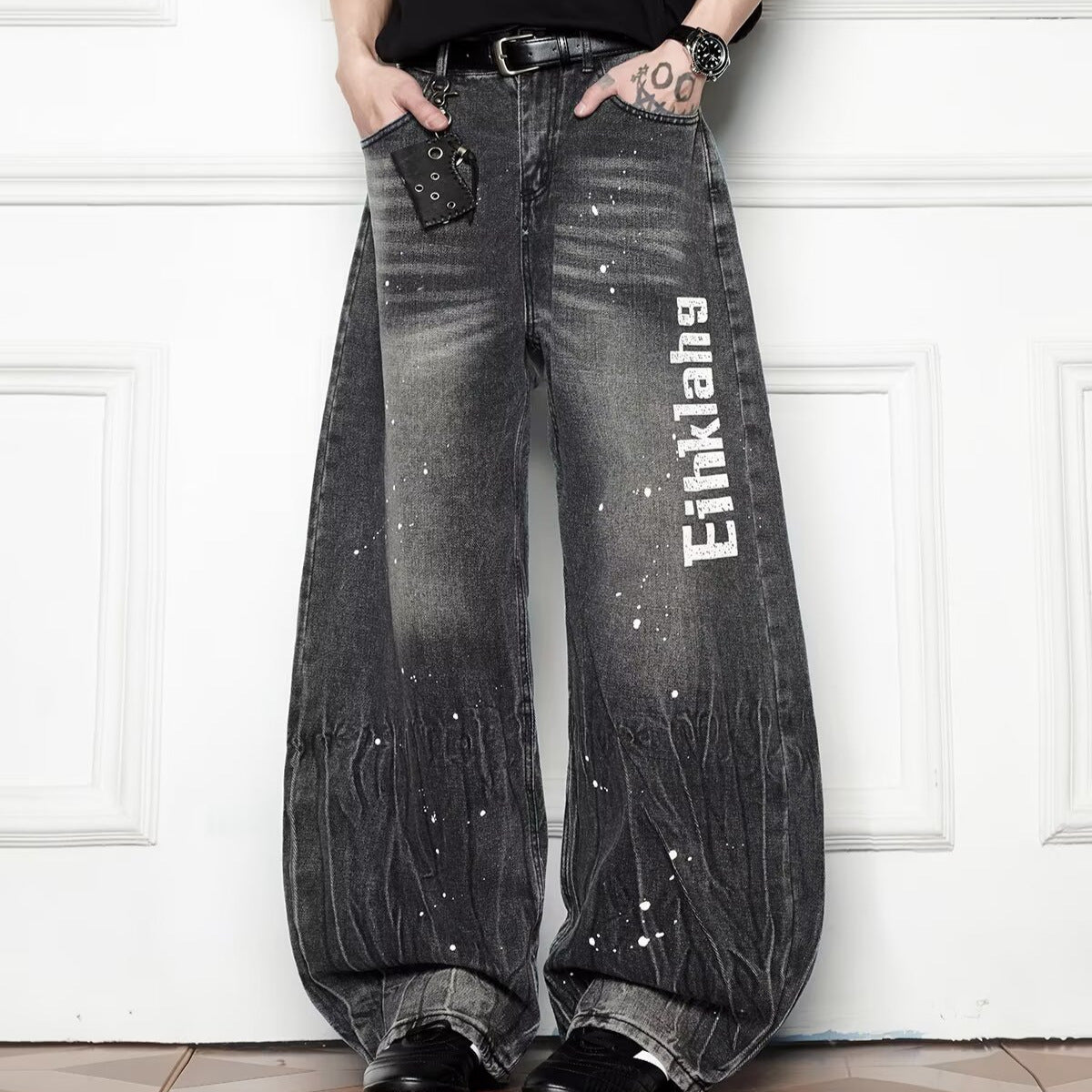 Splash Ink Wash Wide Leg Denim Loose Casual Curved Knife Pants