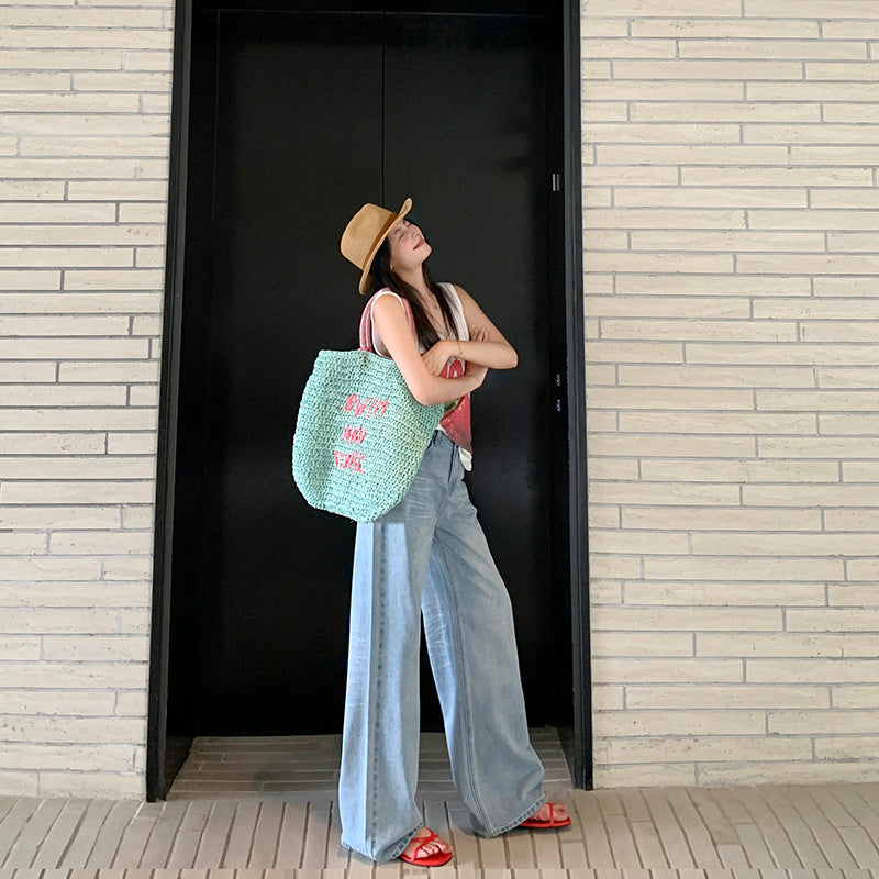 Retro Light Blue Wide-Leg Jeans for Women - Loose Drape Floor-Length Pants