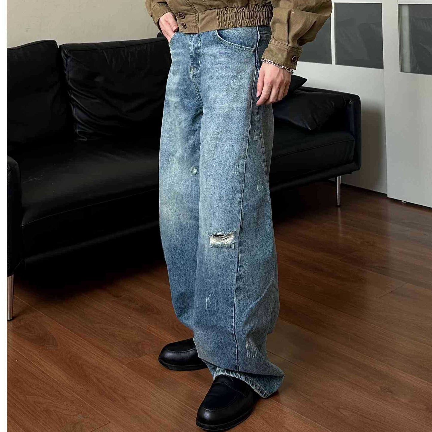 Dad Hole Loose Tapered Wide Leg Jeans for Men and Women