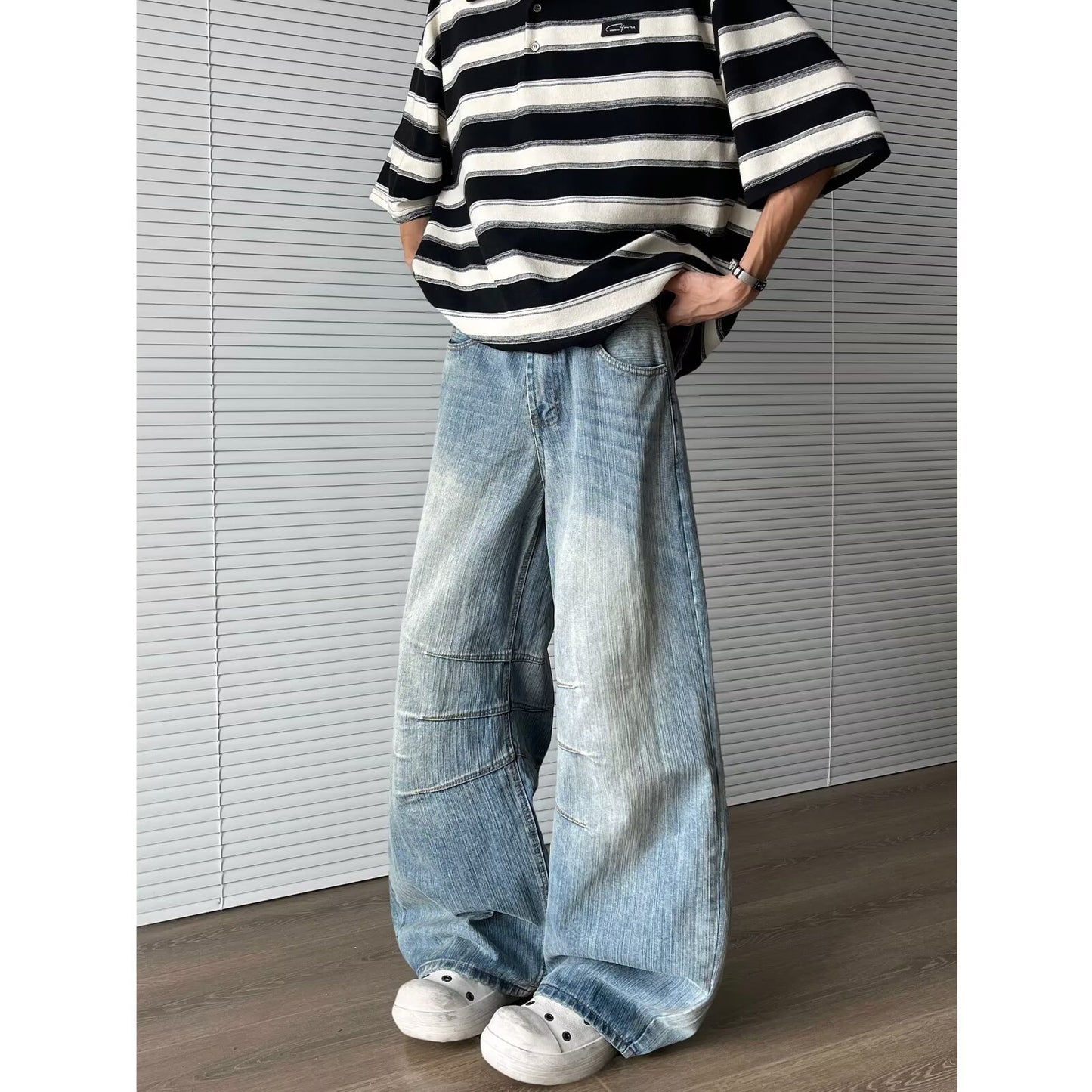 Bamboo Patterned Curved Knife Denim Loose Wide Leg Pants