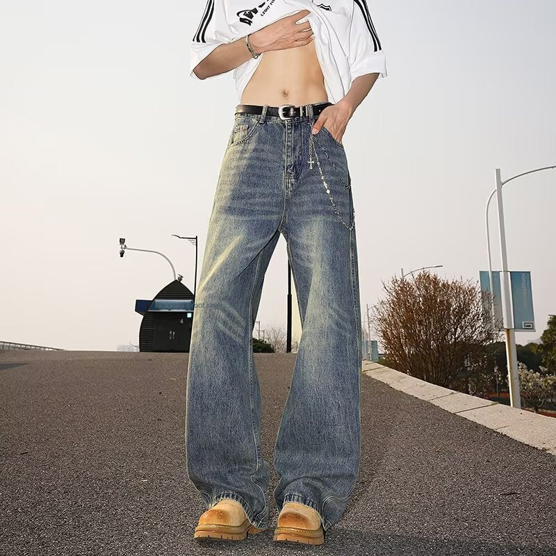 Retro Washed Cat Whisker Denim Jeans for Men