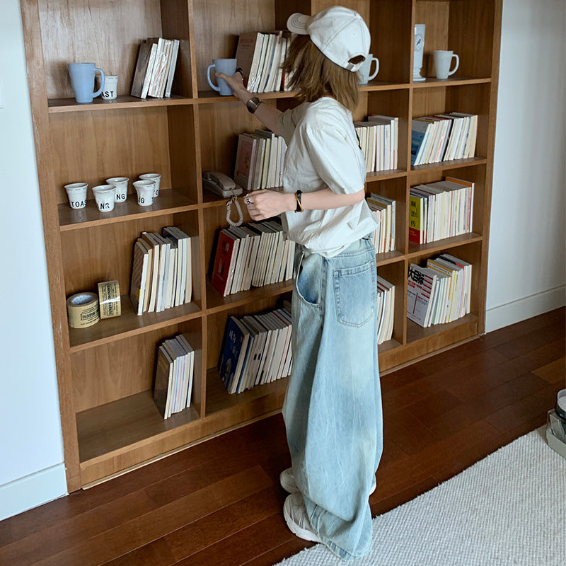 Women's Knife-Leg Jeans - Casual Wide-Leg Floor-Length Pants in Washed Blue