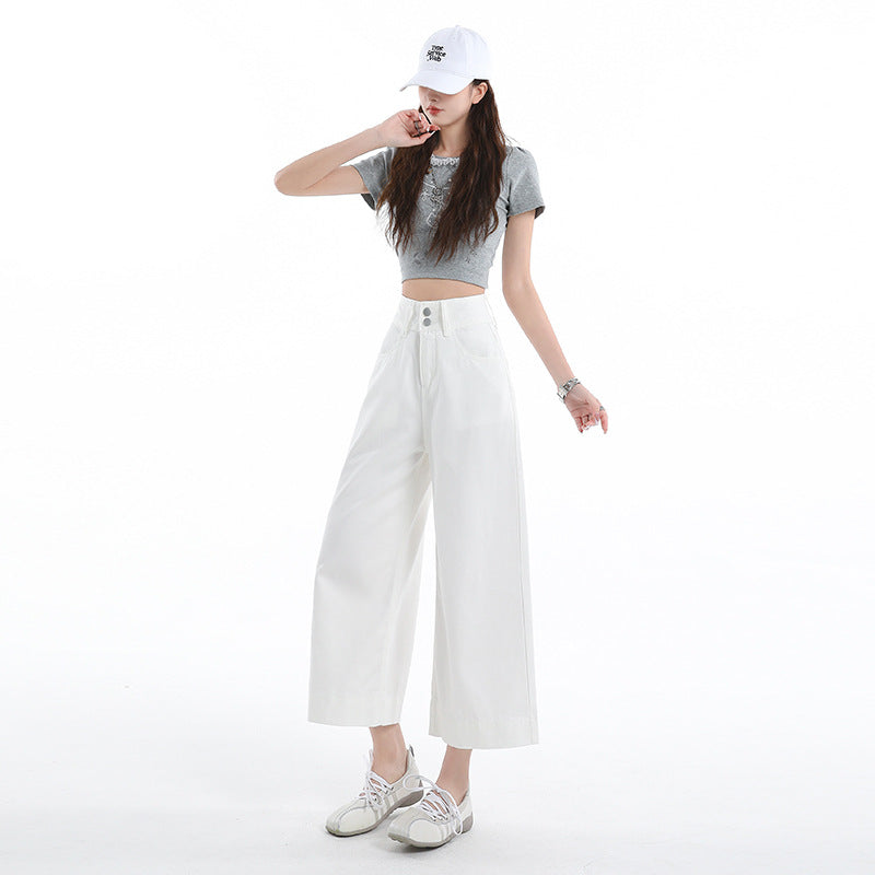 Light Blue Loose Straight Leg Cropped Ice Silk Wide Leg Pants for Women