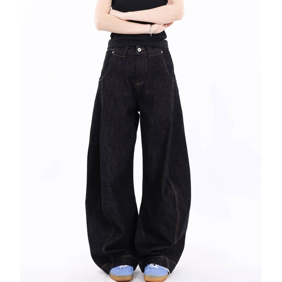 Retro Deconstructed Original Color Wide-Leg Jeans for Women